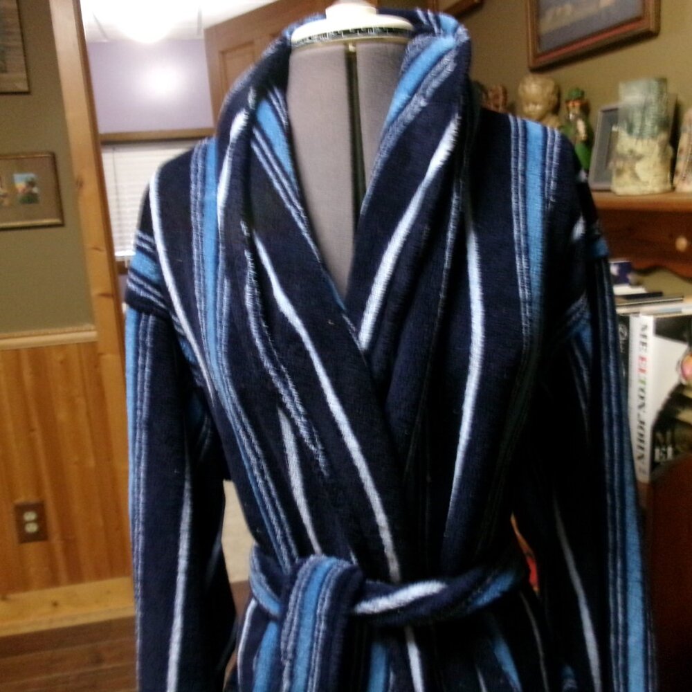 Mens one sz Stafford robe striped plush fleece mid calf tie front - Picture 2 of 4